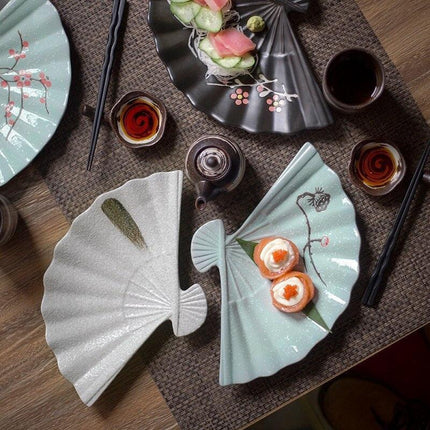 Artistic Japanese Fan-Shaped Ceramic Serving Plate - Sophisticated Tableware for Fine Dining - Très Elite