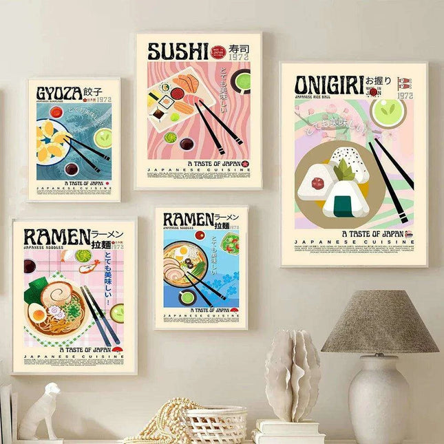 Asian Gourmet Canvas Art: Stunning Illustrations of Ramen, Sushi, and Dumplings for a Stylish Kitchen