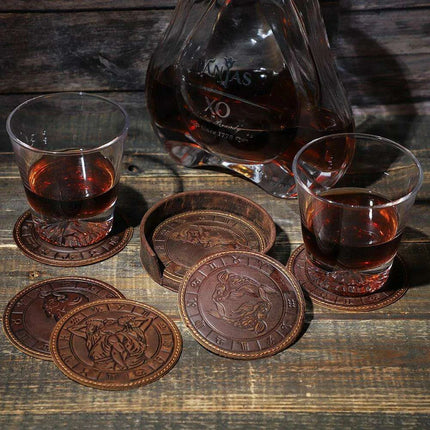 Astrological Elegance Leather Drink Coasters - Set of 6 with Distinct Zodiac Patterns - Très Elite