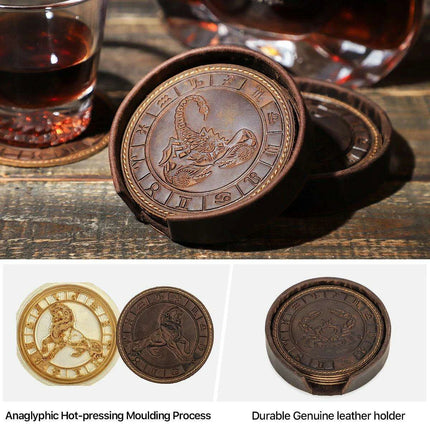 Astrological Elegance Leather Drink Coasters - Set of 6 with Distinct Zodiac Patterns - Très Elite