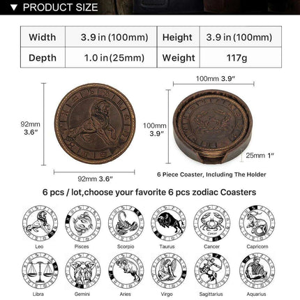 Astrological Elegance Leather Drink Coasters - Set of 6 with Distinct Zodiac Patterns - Très Elite