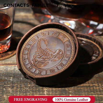 Astrological Elegance Leather Drink Coasters - Set of 6 with Distinct Zodiac Patterns - Très Elite