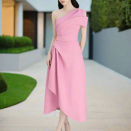 Asymmetrical Evening Dress with Diagonal Collar and Pleated Waist - Très Elite