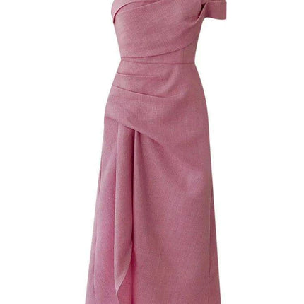 Asymmetrical Evening Dress with Diagonal Collar and Pleated Waist - Très Elite
