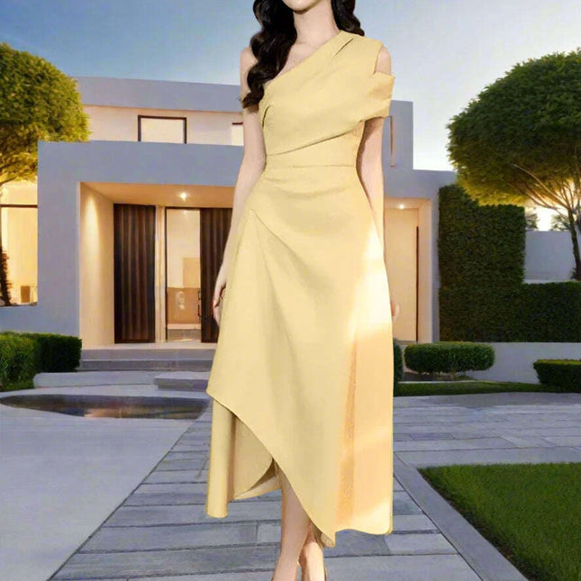 Asymmetrical Evening Dress with Diagonal Collar and Pleated Waist