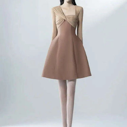 Asymmetrical Patchwork Long Sleeve Square Neck Dress for Women - Très Elite