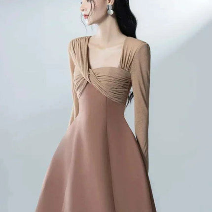 Asymmetrical Patchwork Long Sleeve Square Neck Dress for Women - Très Elite