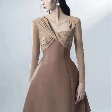 Asymmetrical Patchwork Long Sleeve Square Neck Dress for Women - Très Elite