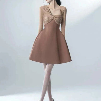 Asymmetrical Patchwork Long Sleeve Square Neck Dress for Women - Très Elite