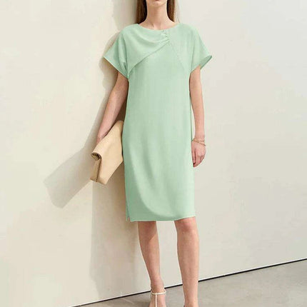 Asymmetrical Summer Chiffon Dress with Pleated Neckline and Breezy Short Sleeves - Très Elite