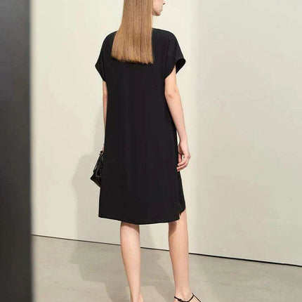 Asymmetrical Summer Chiffon Dress with Pleated Neckline and Breezy Short Sleeves - Très Elite