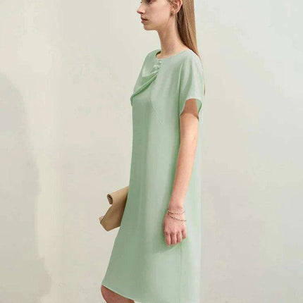 Asymmetrical Summer Chiffon Dress with Pleated Neckline and Breezy Short Sleeves - Très Elite