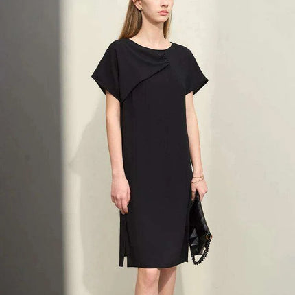Asymmetrical Summer Chiffon Dress with Pleated Neckline and Breezy Short Sleeves - Très Elite