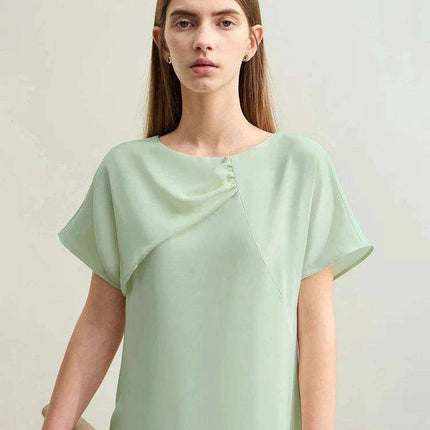 Asymmetrical Summer Chiffon Dress with Pleated Neckline and Breezy Short Sleeves - Très Elite