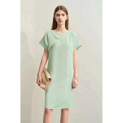 Asymmetrical Summer Chiffon Dress with Pleated Neckline and Breezy Short Sleeves