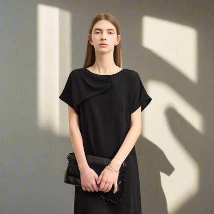 Asymmetrical Summer Chiffon Dress with Pleated Neckline and Breezy Short Sleeves