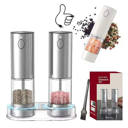 Automatic Rechargeable Salt and Pepper Grinder Duo with Adjustable Coarseness and Built-in LED Light - Très Elite