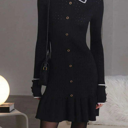 Autumn Elegance: Women's Long Sleeve Knit Dress with Lapel and Ruffled Hem by Mozision - Très Elite