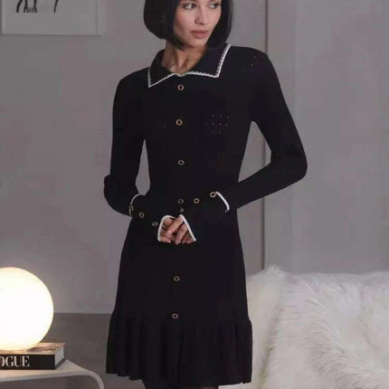 Autumn Elegance: Women's Long Sleeve Knit Dress with Lapel and Ruffled Hem by Mozision - Très Elite