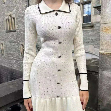 Autumn Elegance: Women's Long Sleeve Knit Dress with Lapel and Ruffled Hem by Mozision - Très Elite