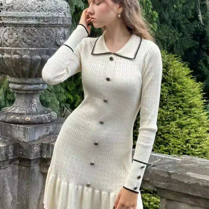Autumn Elegance: Women's Long Sleeve Knit Dress with Lapel and Ruffled Hem by Mozision - Très Elite