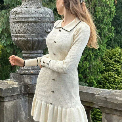 Autumn Elegance: Women's Long Sleeve Knit Dress with Lapel and Ruffled Hem by Mozision - Très Elite