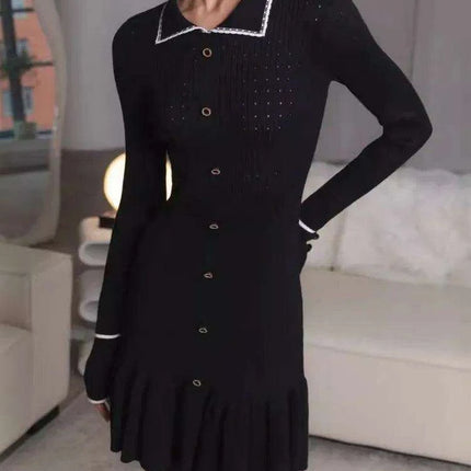 Autumn Elegance: Women's Long Sleeve Knit Dress with Lapel and Ruffled Hem by Mozision - Très Elite