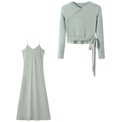 Autumn Women's Long Sleeve Dress Ensemble with Bow-Tie Top and Milk Silk Knit Suspenders - Très Elite