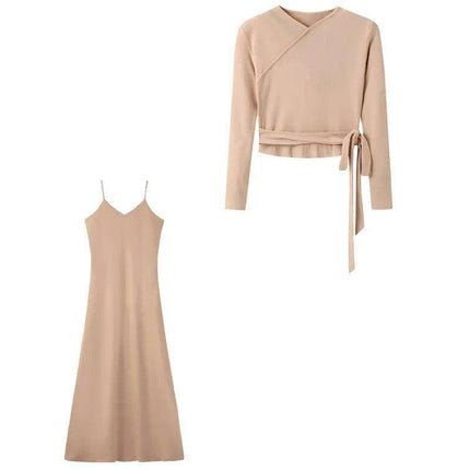 Autumn Women's Long Sleeve Dress Ensemble with Bow-Tie Top and Milk Silk Knit Suspenders - Très Elite