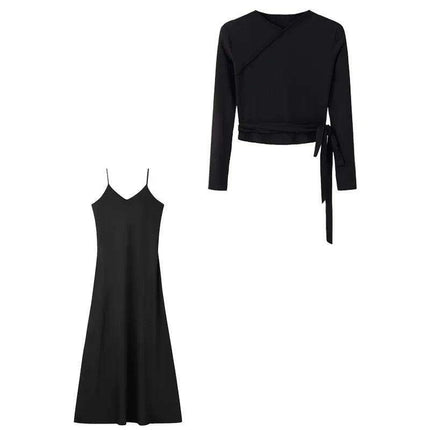 Autumn Women's Long Sleeve Dress Ensemble with Bow-Tie Top and Milk Silk Knit Suspenders - Très Elite