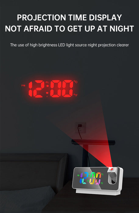 LED Projection Alarm Clock with 180° Rotation - Multifunctional Digital Clock with Thermometer and Silent Movement