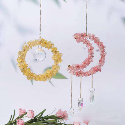 Celestial Harmony: Enchanting Moon and Sun Crystal Pendant with Colorful Bead Accents