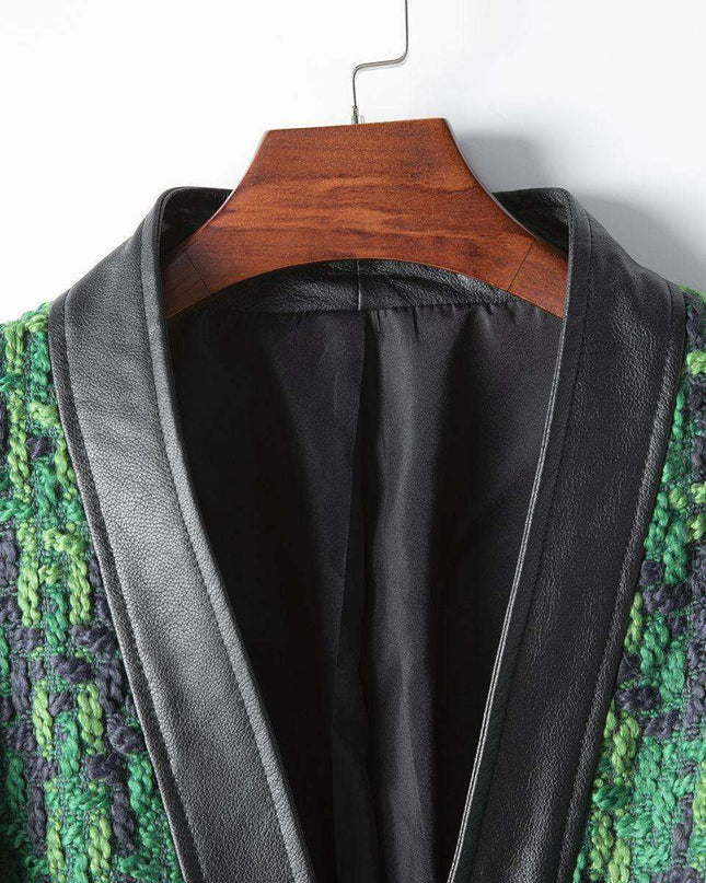 Contemporary Lace-Up Tweed Jacket with Trendy Color Block Design for Effortless Style