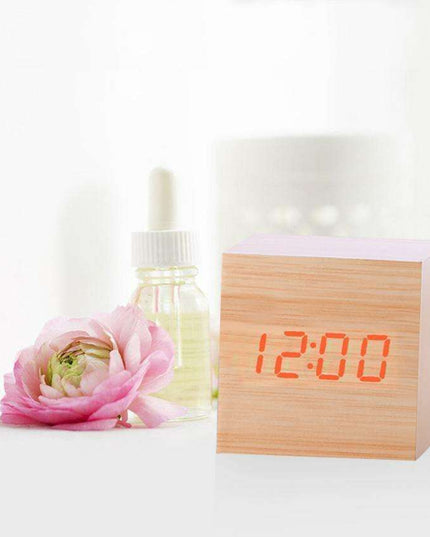Sophisticated Voice-Activated LED Clock with Wood Grain Finish and Temperature Display