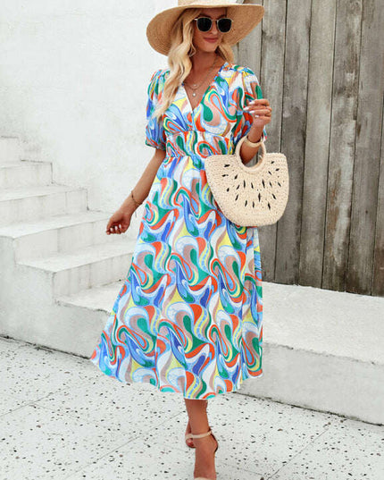 Elegant printed waist V-neck long dress