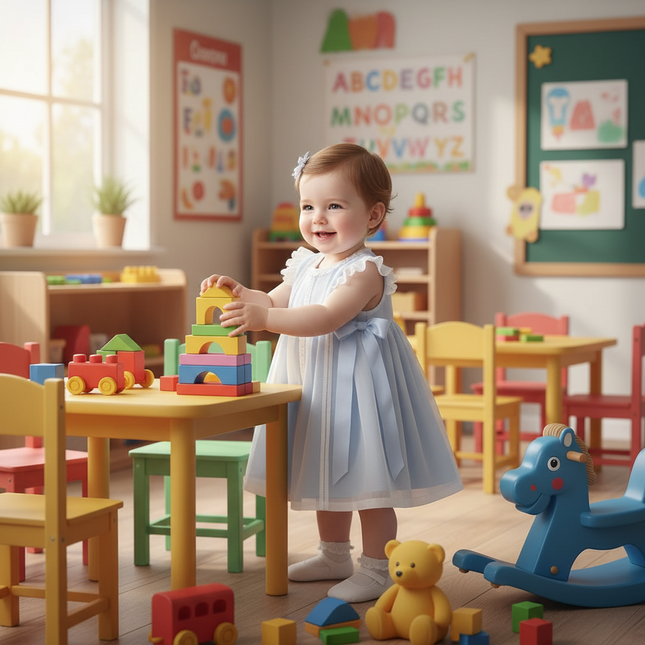 Baby Girl Christening Gown with Spanish Lace and Charming Bow -