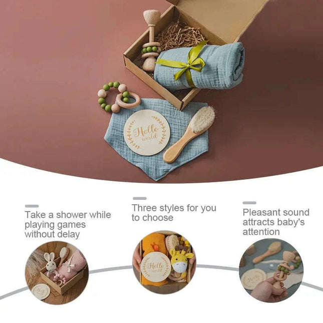 Baby Milestone Bath Toy Set with Swaddle Wrap, Rattle, and Bibs for Newborn