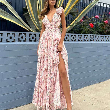 Backless Floral Ruffle Dress with Deep V Neck - Très Elite