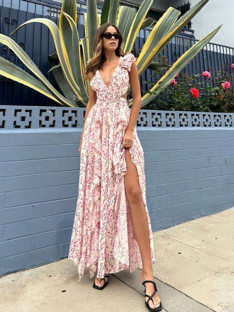 Backless Floral Ruffle Dress with Deep V Neck