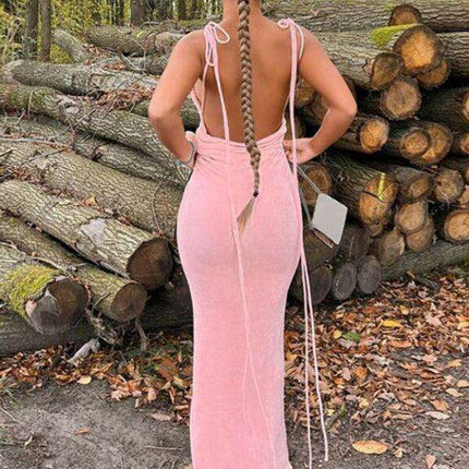 Backless Strappy Halter Maxi Dress in Soft Knit Fabric