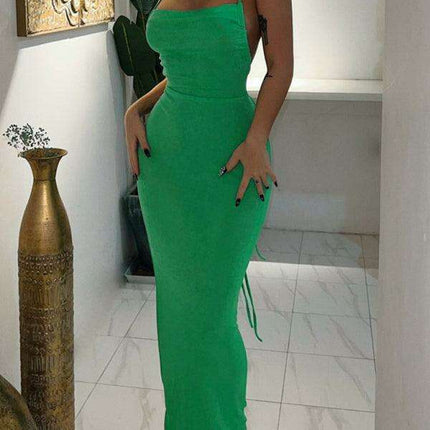 Backless Strappy Halter Maxi Dress in Soft Knit Fabric