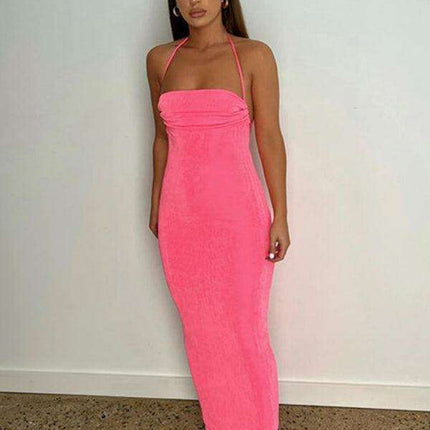 Backless Strappy Halter Maxi Dress in Soft Knit Fabric - Très Elite