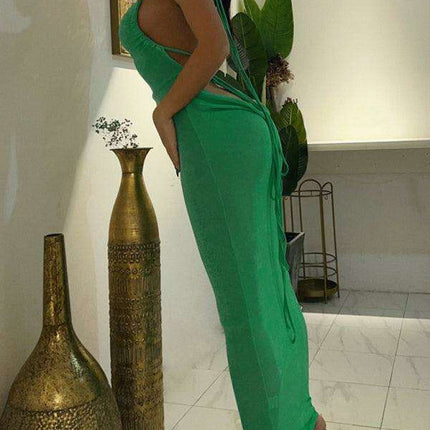 Backless Strappy Halter Maxi Dress in Soft Knit Fabric - Très Elite