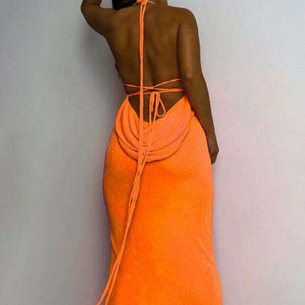 Backless Strappy Halter Maxi Dress in Soft Knit Fabric