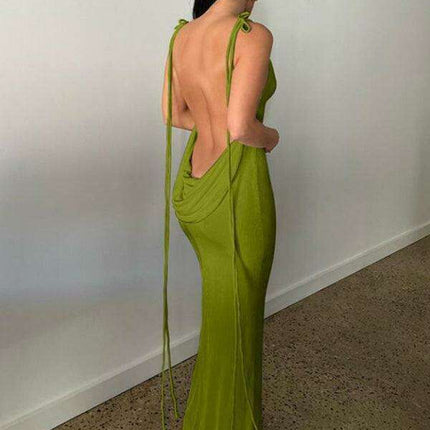 Backless Strappy Halter Maxi Dress in Soft Knit Fabric