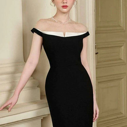 Backless Summer Party Dress with Contrast Color Patchwork and Pearl Accents - Très Elite