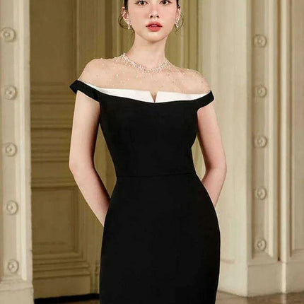 Backless Summer Party Dress with Contrast Color Patchwork and Pearl Accents - Très Elite