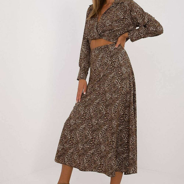 Beige Animal Motif Two Piece Set Blouse And Skirt Premium