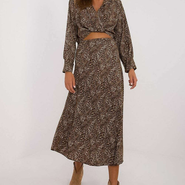 Beige Animal Motif Two Piece Set Blouse And Skirt Premium
