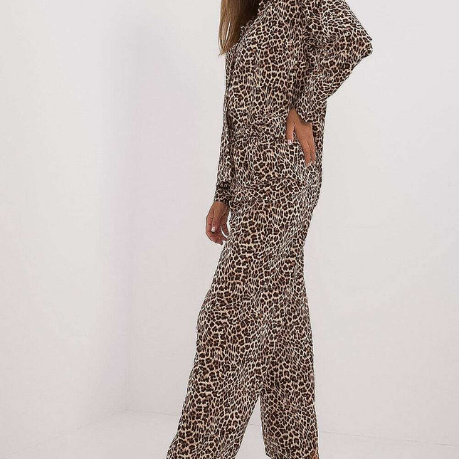 Beige Animal Motif Women Two Piece Set With Shirt And Pants